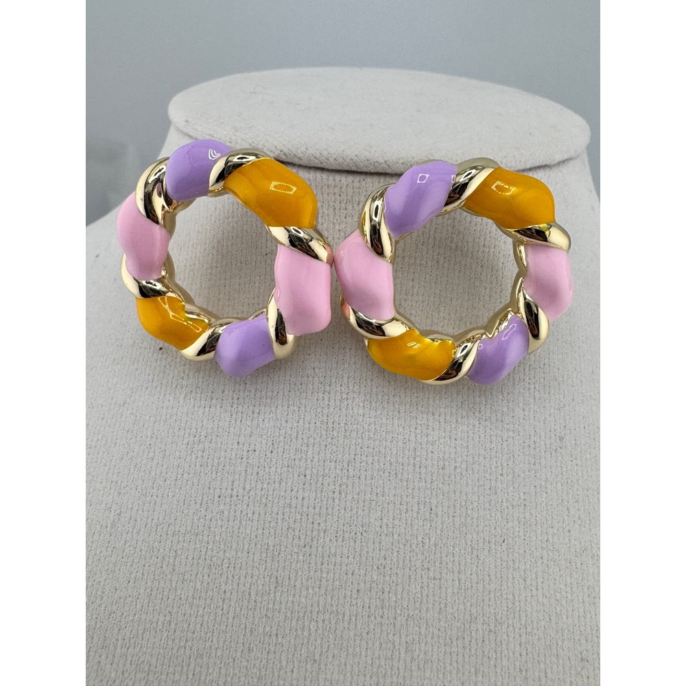 14K Gold Plated Pastel Enamel Twist Hoop Earrings Pink Purple‎ Yellow Chunky NEW